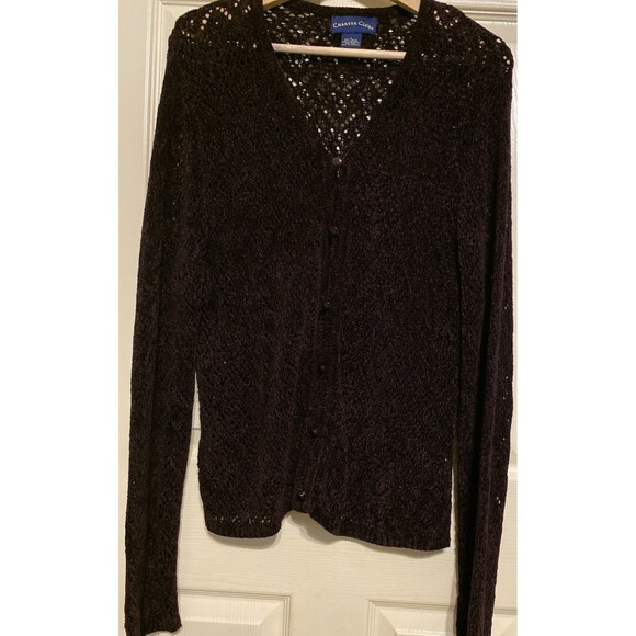 Open Knit Cardigan Sweater L Purple Chenille Y2K Dark Fairy WhimsyGoth Grunge LS - Picture 1 of 13